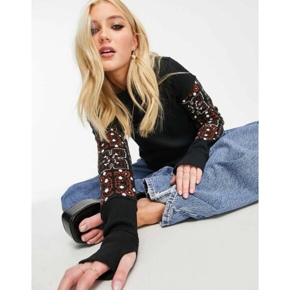 L Free People We The Free Nikki Black Thermal Bandana Patchwork T-Shirt - Picture 1 of 8